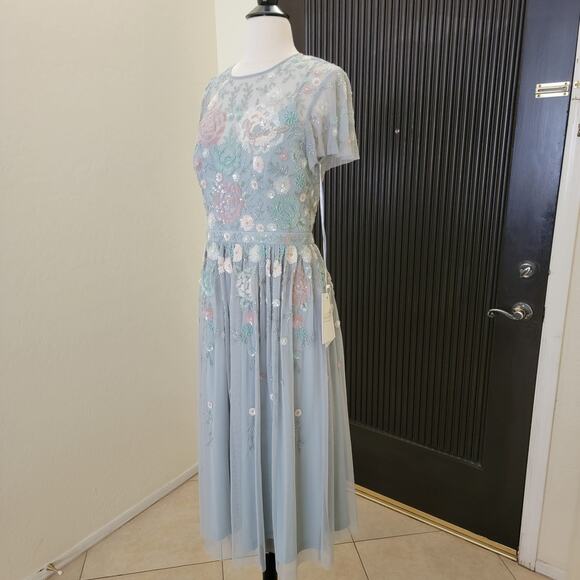 Mac Duggal 6 Seafoam Green 9134 Floral Midi Short Sleeve Sequin Beaded Dress New - Picture 5 of 14